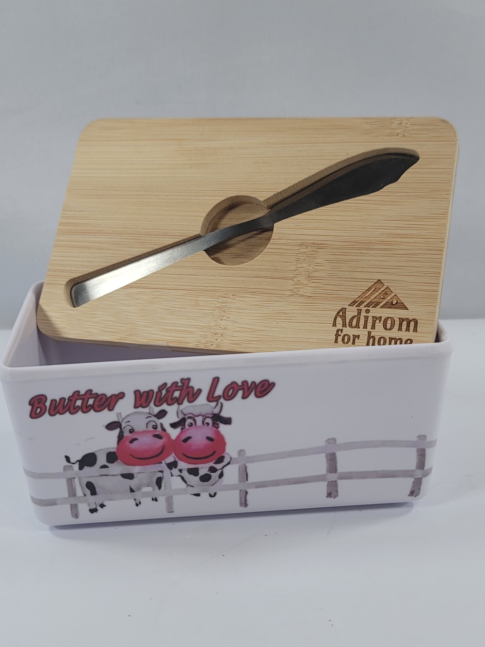 Adirom Butter Holder With Bamboo Cover & Spreader, Ft Cows ~ Butter with Love